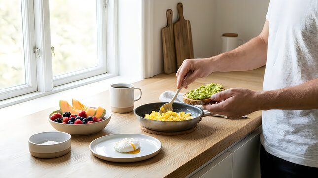 A man preparing a healthy breakfast with fresh fruit and eggs in a bright modern kitchen