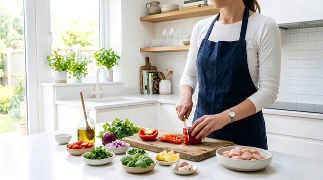 Woman wearing an apron chopping fresh vegetables on a wooden cutting board in a bright modern kitchen