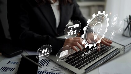 Naklejka na ściany i meble Online education boosts access to learning. Learn anytime through flexible platforms. Education technology transforms how we learn. Digital learning creates new education experiences worldwide. Muxer
