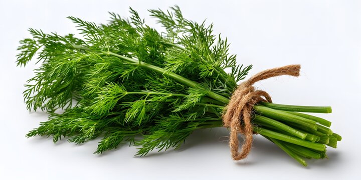 Freshly harvested dill sprigs are bundled with rustic twine