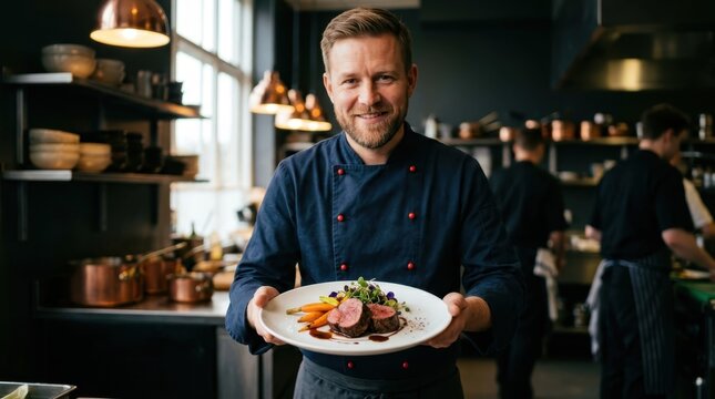 Experienced male chef in a blue uniform smiling while holding a gourmet beef steak plate in a modern restaurant kitchen setting, showcasing fine dining experience and culinary excellence for the menu.