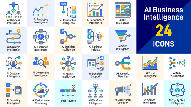 AI Business Intelligence Icon Set - 24 Editable Flat Vector Icons for BI Dashboards, KPI Reporting, Data Visualization and Strategic Insights