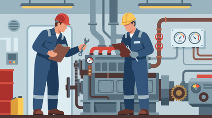 Fototapeta premium Marine Engineer Inspecting Ship Engine Room Machinery