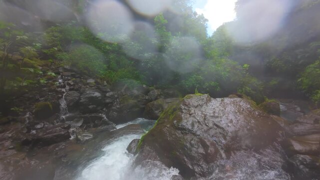 FPV drone flight low over rushing jungle river in Costa Rica with turquoise whitewater rapids mossy boulders tree ferns and mist rising through dense green tropical rainforest canopy.
