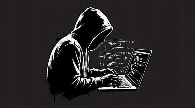 Anonymous hacker in hoodie using laptop with code.