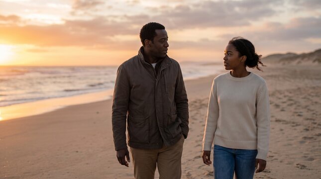 Black father and young adult daughter walking along a quiet coastline at sunset