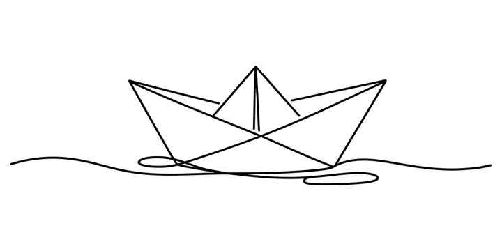Simple line art drawing of a small folded paper boat floating on water waves for a creative craft concept or a minimalist nautical design illustration Vector, illustration