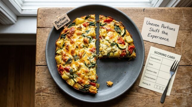 Savory vegetable baked frittata on a gray plate with uneven slices, portion balance note, and scoring card on a rustic wood table, representing conceptual culinary evaluation and healthy eating ideas