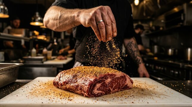 Professional chef hand sprinkling salt and spices over a large fresh raw beef steak on a white cutting board in a dark commercial kitchen atmosphere, showcasing culinary expertise and food prep arts.