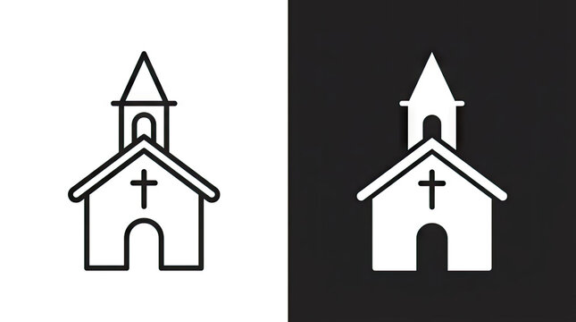 Minimalist church building icons on black and white background.