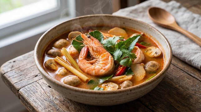 A steaming bowl of traditional Thai Tom Yum Goong soup with shrimp and mushrooms.