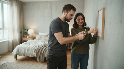 Fototapeta premium A man holding a small clean metallic hammer, carefully aiming at a wall nail, while a woman holds a blank picture frame nearby, smiling and guiding him. Bright modern bedroom, minimalist neutral 