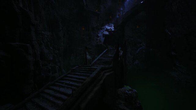 Shadowed ruin stairway under moonlight, crumbling stone steps flanked by jagged walls and dripping moss creating eerie cinematic mood for urban explorer