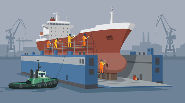 Floating Dry Dock with Ship Hull Repair Scene Illustration
