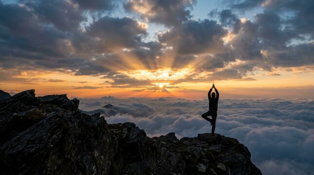 Silhouette of a person practicing yoga tree pose on a mountain peak at sunrise above clouds, representing mindfulness and inner peace while sun rays pierce through the sky over a majestic scenery