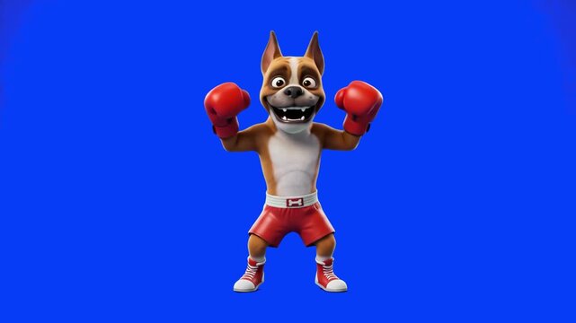 Playful 3D boxer dog character wearing red boxing gloves and shorts standing in a fighting stance isolated on a solid blue background. Ideal for fitness promos, combat sports videos, funny cartoon cli