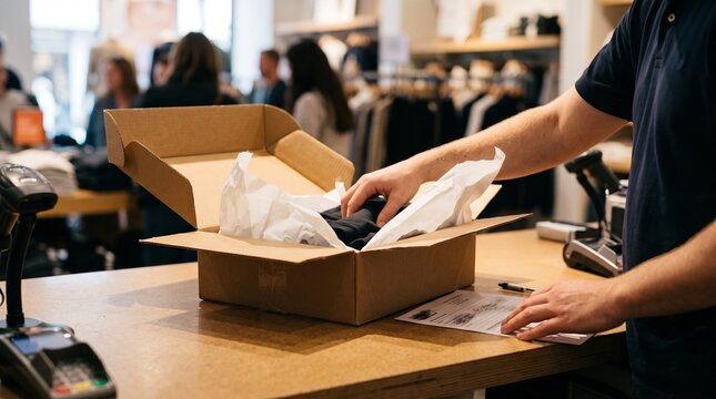 Retail store clerk processing returned package box at counter for Cyber Monday and post Christmas returns