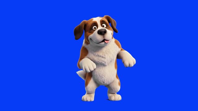 A friendly 3D animated Saint Bernard dog dancing merrily on its hind legs against a solid blue chroma key background. Ideal for pet care promotions, children's content, and entertaining video overlays