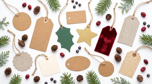 Collection of blank craft paper and velvet gift tags with pine branches for Christmas Day and Cyber Monday
