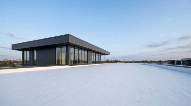 Minimalist rooftop flat white roof section dark gray metal facade sky background contemporary commercial industrial building.