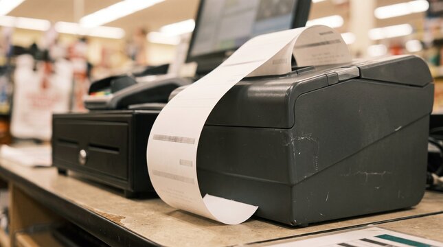 POS thermal printer printing sales receipt at checkout counter for Black Friday and Christmas shopping