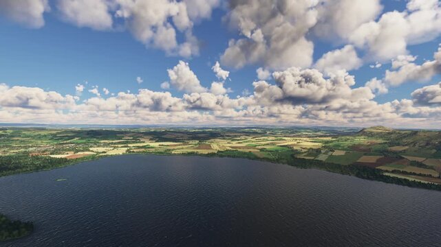 Drone aerial shot of Loch Leven lake in Kinross. Scotland. United Kingdom