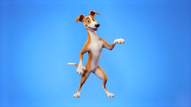 Cute 3D animated brown and white Greyhound or Whippet dog character dancing cheerfully on two legs over a light blue background. Perfect for pet food commercials, funny animal animation, veterinary pr