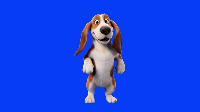 Cute 3D animated Basset Hound dog character with floppy ears standing on two legs over a chroma key blue background. Ideal for pet shop commercials, funny dog videos, veterinary ads, children animatio