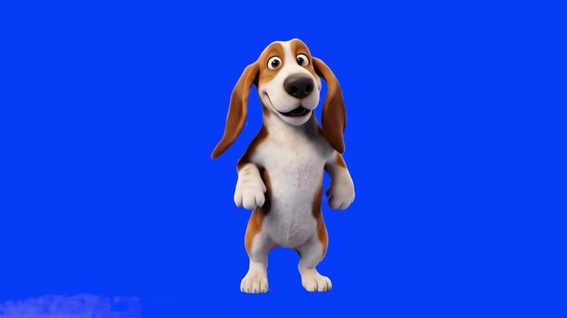 A cheerful 3D animated Basset Hound puppy dancing with floppy ears on a solid blue chroma key background. Designed for easy keying and compositing in pet promotions and animated video projects.
