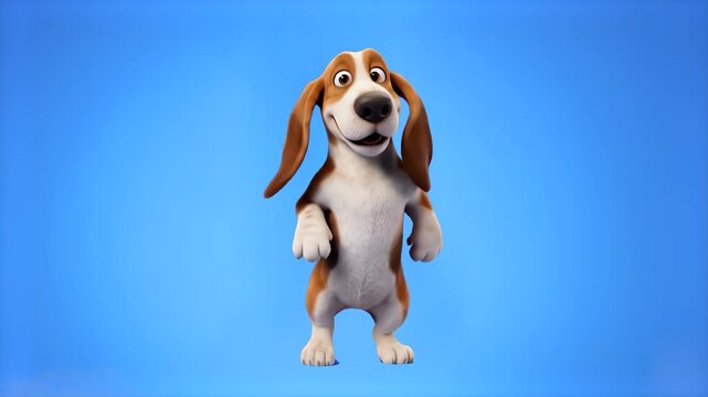 A cute 3D animated Basset Hound dog dancing joyfully on its hind legs set against a vibrant blue sky backdrop. Great for pet care commercials, veterinary services, and children's media overlays.