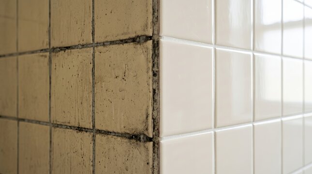 Before and after wall tile and grout contrast showing dirty stained tiles beside clean glossy tiles