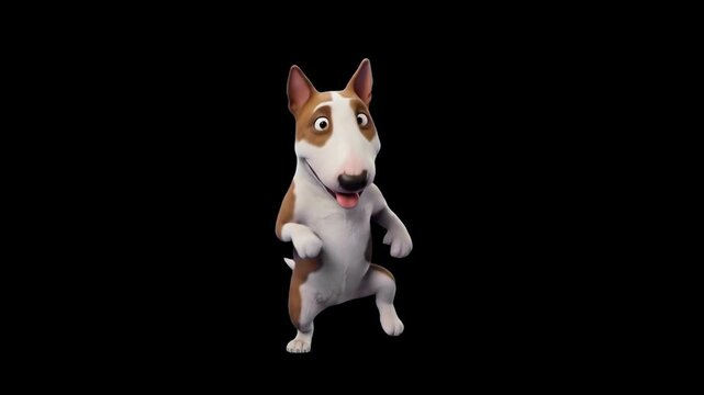 A detailed 3D render of a friendly Bull Terrier dog character performing a fun dance pose, isolated against a dark black backdrop. Perfect for contrast visual displays, high-impact pet ad media, anima