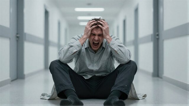 Man screams in hallway, hands on head, showing intense emotional distress.