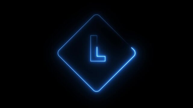 Neon blue letter L logo glowing inside rhombus frame animation isolated on black background.