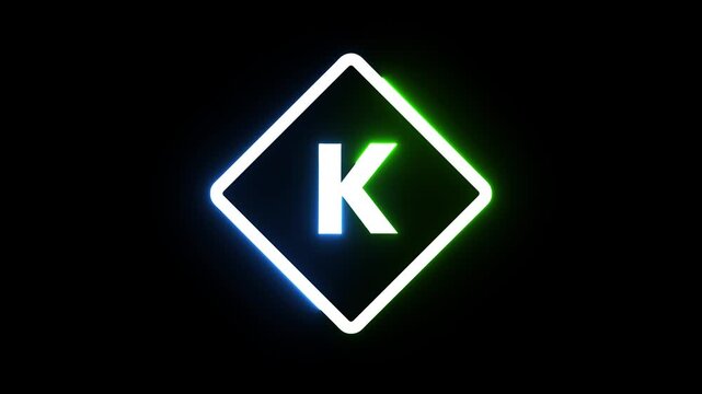 Letter k glowing in diamond neon frame rotating colors over black background motion clip.