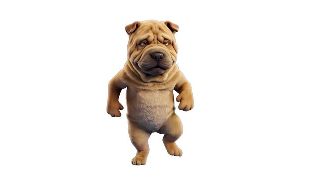 Funny 3D animated wrinkled Shar Pei dog character standing on hind legs and dancing joyfully over a plain white background. Excellent for pet care advertising, veterinary promos, dog food marketing, f
