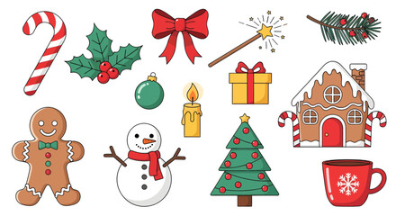 Fototapeta premium Festive Christmas Icons Including Snowman, Gingerbread, Tree, Church, Stocking, Gift, and Mugs.