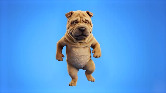Funny 3D cartoon Shar Pei dog character standing on hind legs and dancing isolated on a bright blue background. Suitable for pet food commercials, veterinary promos, children entertainment videos, fun