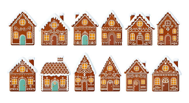 Set of decorative gingerbread houses with icing details and festive colors arranged in a row.