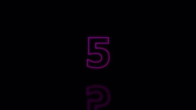 Glowing neon numbers countdown on black background with reflection cinematic motion