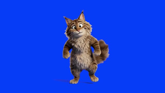 A detailed 3D rendering of a fluffy striped cat character standing on two legs and dancing with a sly smile, isolated against a solid blue backdrop. Excellent for pet product commercials, veterinary c