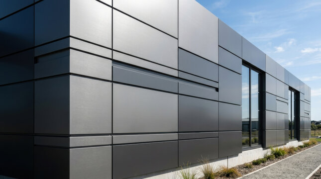Modern industrial factory wall exterior facade metal panel building architecture clear sky