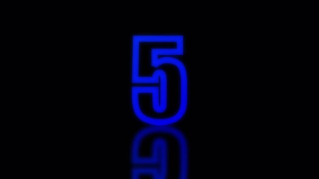Red and blue illuminated numbers appear in sequence against a dark reflective background creating a countdown effect