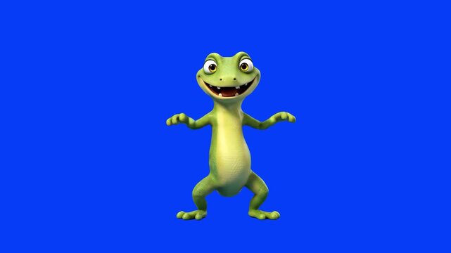 A lively 3D cartoon rendering of a smiling green lizard character performing a fun dance move with open arms, isolated against a vibrant solid blue backdrop. Ideal for wildlife education programs, chi