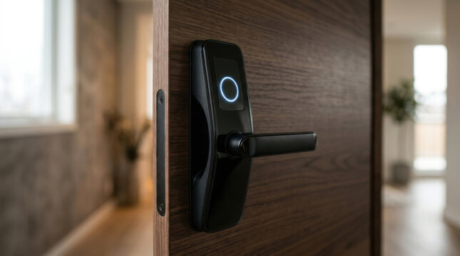 Biometric lock wooden door close up black electronic door lock modern security system smart lock digital keyless entry access control home