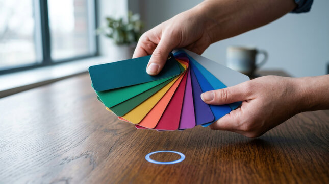 Color palette sample fan hand selection swatch spectrum gradient design material teal blue violet magenta orange coral pink purple
