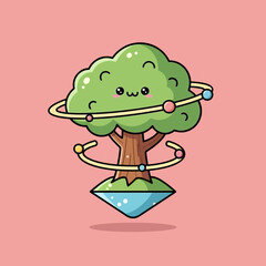 Cute Smiling Tree Character with Planetary Rings. © Viresta