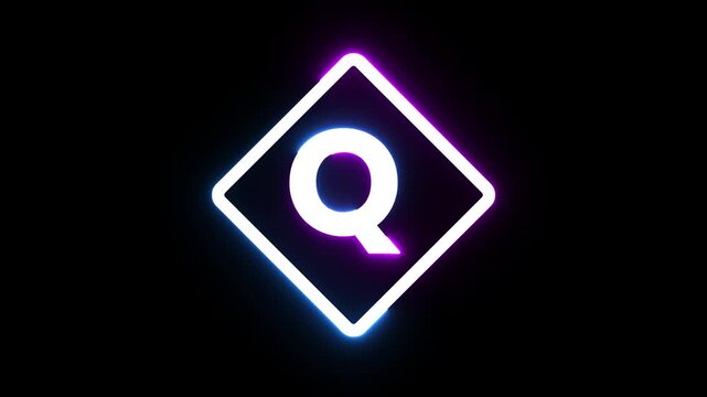 Neon letter q glowing in diamond frame with rotating purple and blue light on black backdrop.