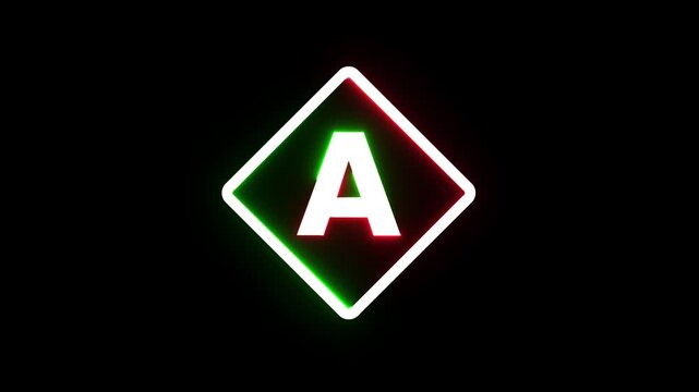 Neon letter A glowing within diamond shape frame on black background motion graphic video.