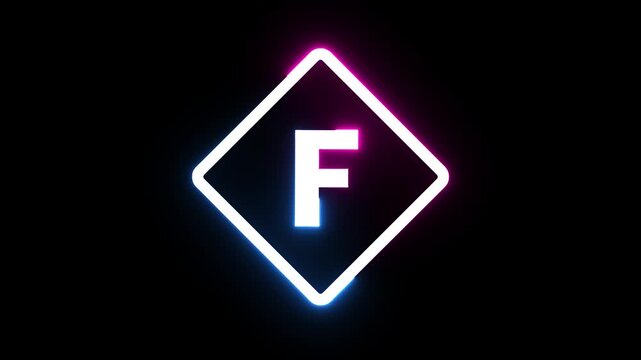 Neon letter f logo animation within glowing diamond frame for digital branding motion clip.